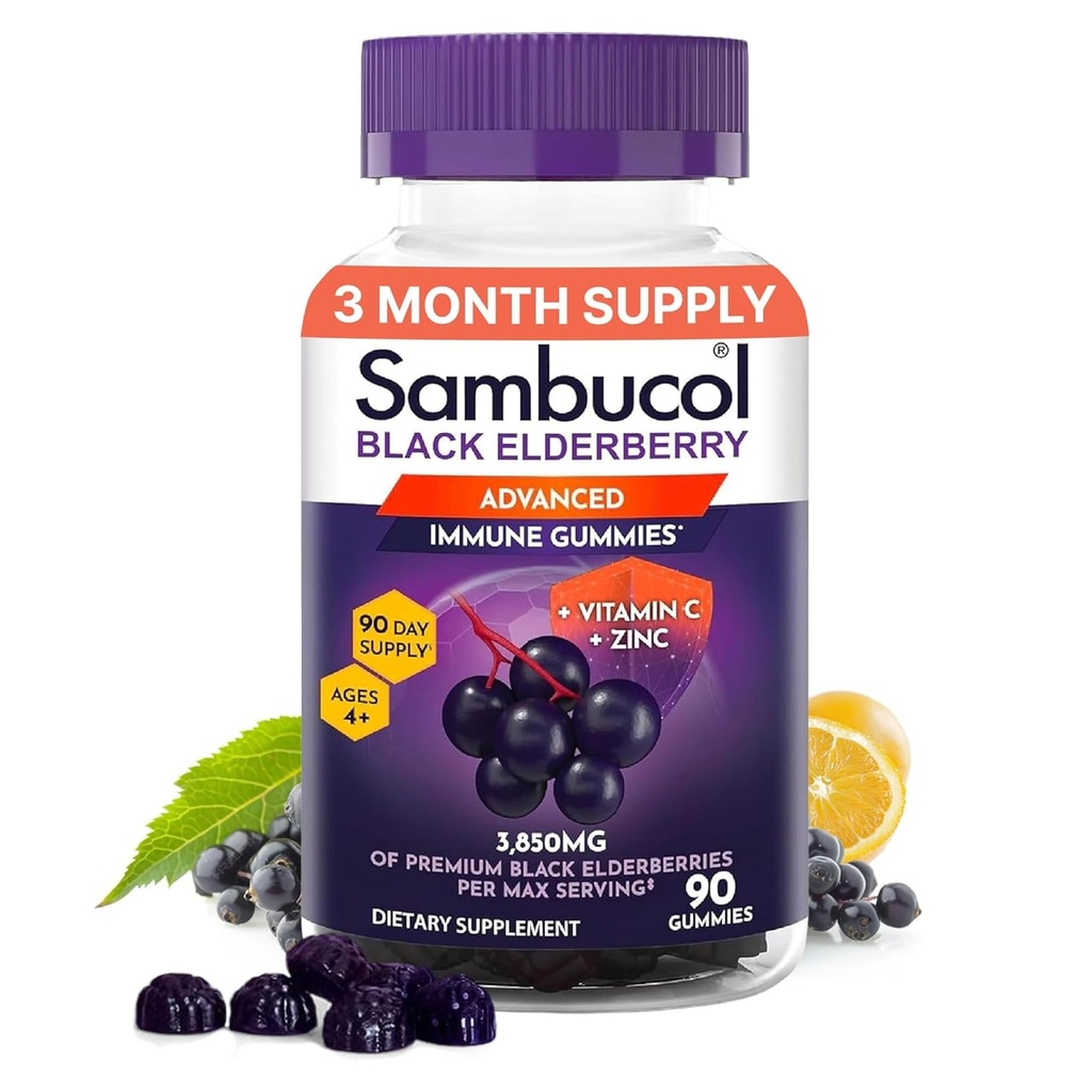 Sambucol Vlierbessen Gummies voor volwassenen met vitamine C; Zink; Sambucus Vlierbessen Gummies voor Immune Ondersteuning met hoge antioxidanten; Glutenvrij; Veganistisch; 1 Gummy Per Serving; 90 Tellen (90 Dagen Levering)