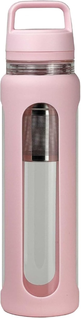 20oz glazen waterfles met silicone sleeve, 600ml mok met 2 Tier Lid (breed mond en kleine mond recht drinken) met theelek fles - Gym Yoga Outdoor Activiteiten (Roze)