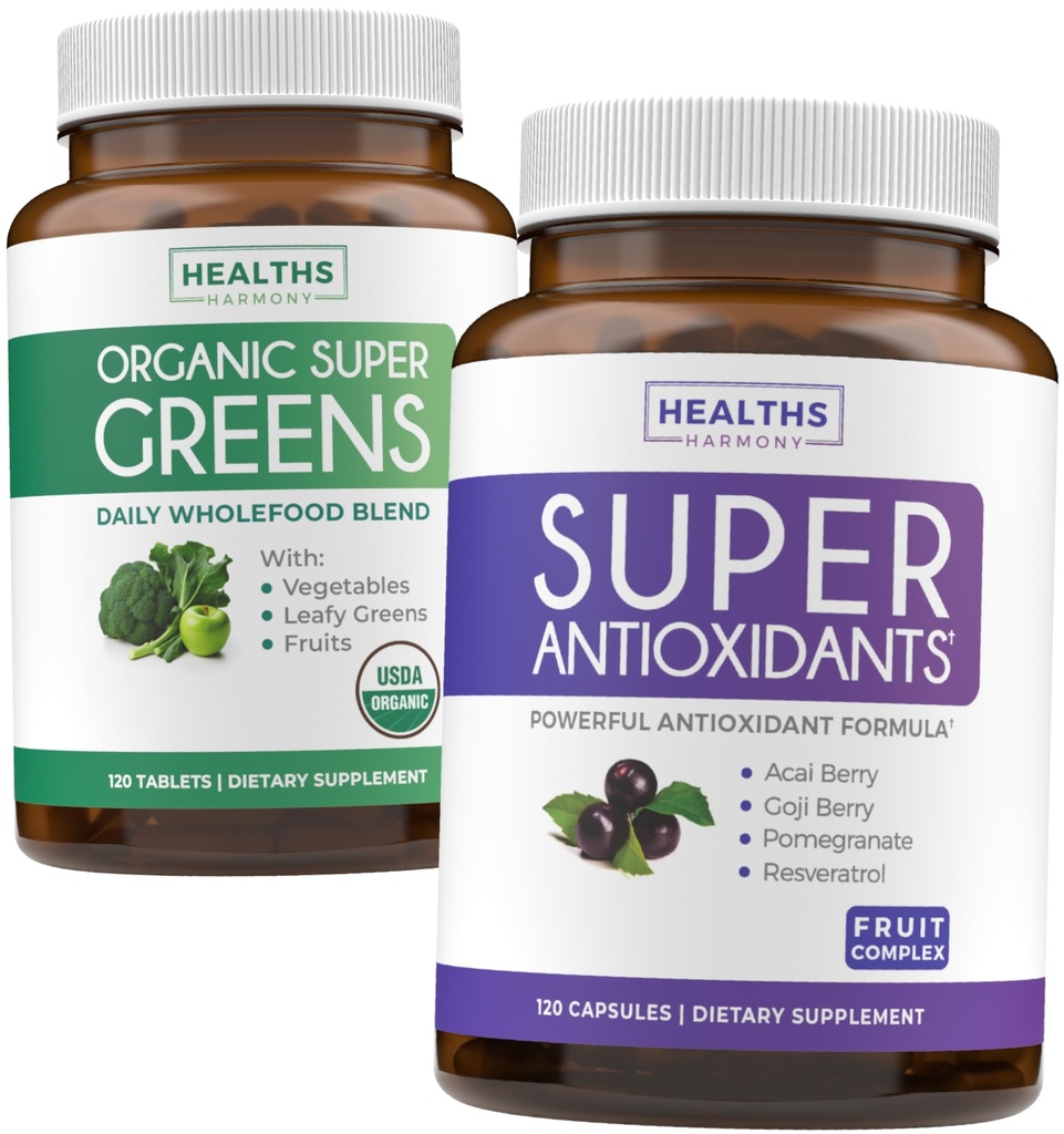 Super Greens & Antioxidanten (2-maand supply) Antioxidant Power Greens Bundle of Organic Super Greens Powder - Complete Superfood (120 Capsules) & Super Antioxidants - Powerful Superfood (120 Capsules)