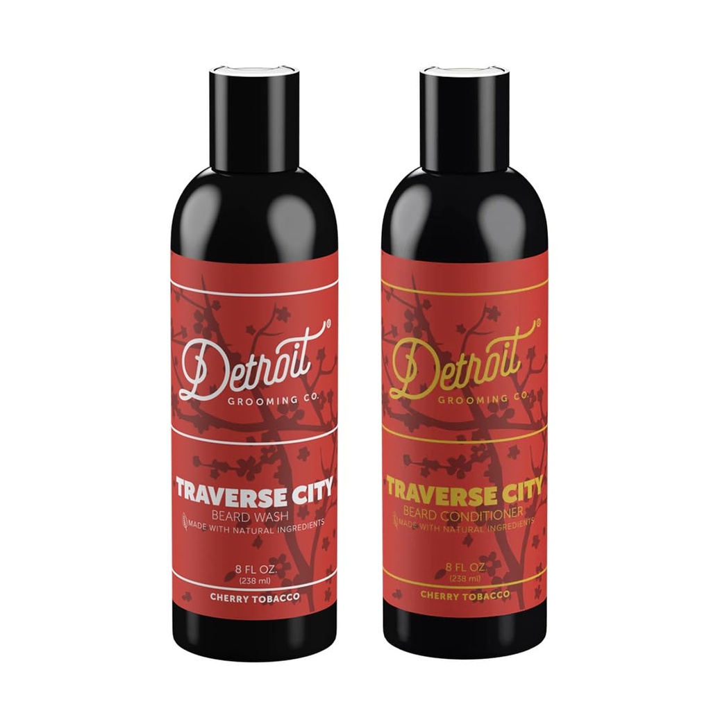 Detroit. Grooming Co. Baard Wash en Baard Conditioner - Heren Kit - Softens,Strengen,Moisturize - Biotin-Infused w/Argan Oil, Apple Extract, Aloë Vera - Cherry Tobacco Scent - Traverse City - 8oz