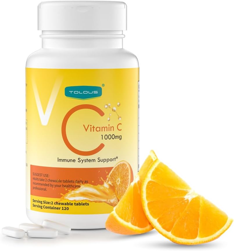 1000mg Vitamine C, Immuunondersteuning, 120 Kauwtabletten, 60 dagen aanvoer, Glutenvrij, Oranje smaak
