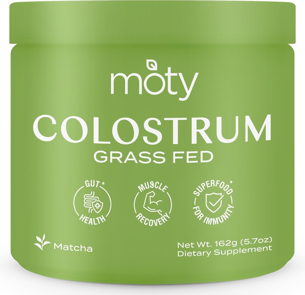 Moty Bovine Colostrum Grass Fed Powder Supplement for Gut Health, Muscle Recovery, Superfood for Immunity, Gluten Free (60 Servers) - Matcha Flavored