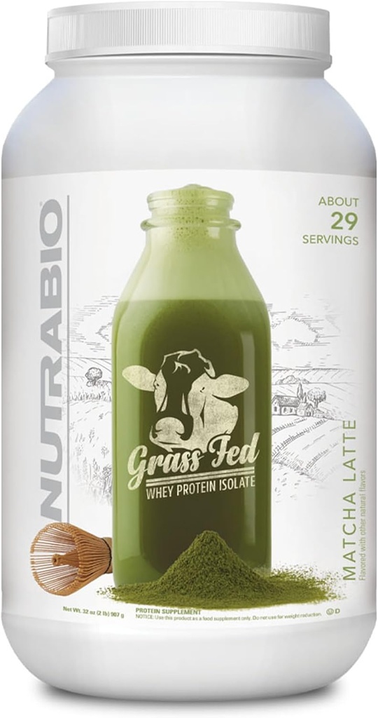 NutraBio Grass Fed Wei Isolaat Proteïnepoeder - 25G eiwit per scoop - Suikervrij natuurlijk spiereiwitsupplement - Matcha Latte - 2 pond, 29 porties