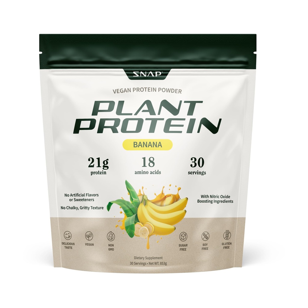 Snap Supplementen Organic Plant Based Vegan Protein Powder Nitric Oxid Boosting Protein Powder, BCAA Amino Acid for Muscle Growth, Performance & Recovery - 30 Servings (Banana)