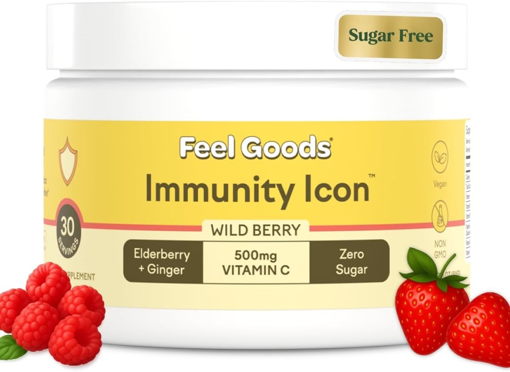 Feel Goods Immunity Icon, Zero Sugar, Vitamin C, A, B, D, E & Zink, Biologische Vlierbes, Ashwagandha, Drink Mix Powder, Vegan, Non GMO, Caffeine & Gluten Free 