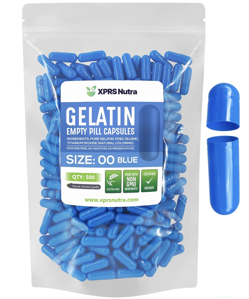 XPRS Nutra Size 00 Empty Capsules - 500 Count Empty Gelatin Capsules - Pills DIY Capsule Filling - Fillable Pill Gel Caps for Do-It-Yourself Supplements (Blue)