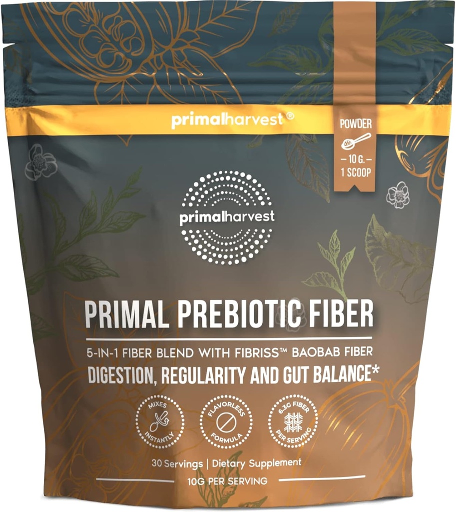 Primal Oogst Prebiotic Fiber Powder Unflavored, 30 Servings 5 in 1 Dagelijkse Supplement met Biologische Acacia en Fibris Biologische Baobab Powder.