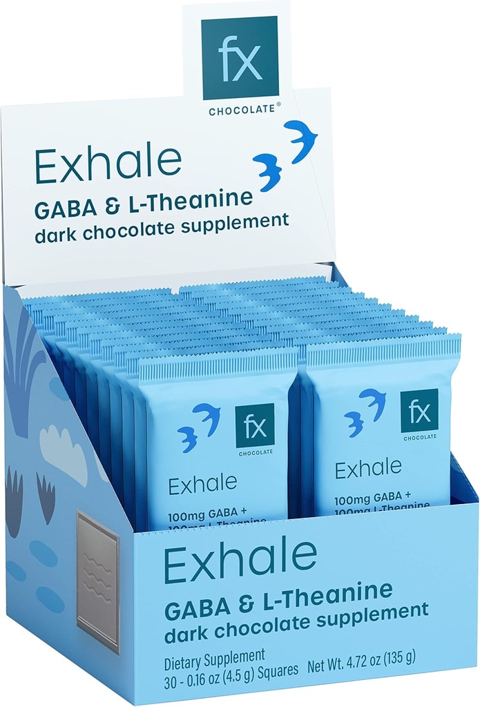 Fx Chocolate Exhale - Ontspannende Chocolate Supplement voor ondersteuning Kalm + Stress Response - Suikervrije Cacao met 100mg GABA + 100mg L-Theanine - Keto Dark Chocolate - Vegan + Non-GMO (30 stuks)