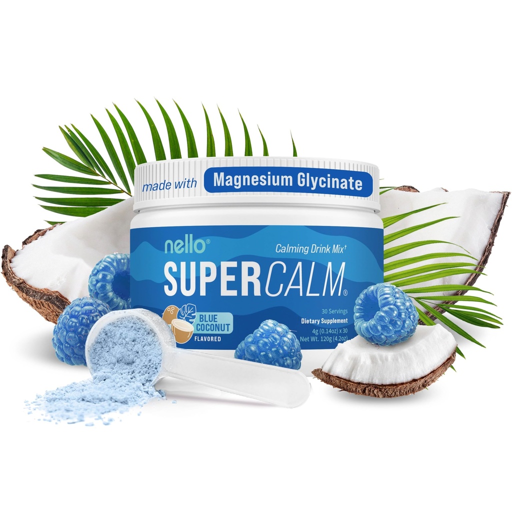 Nello Supercalm Powdered Drink Mix, Blue Coconut, L Theanine, Ksm-66 Ashwagandha, Magnesium Glycinate, Vitamine D 3, Supplementen voor ontspanning & Focus, Geen suiker, niet GGO, Onderweg, 30 Srvgs