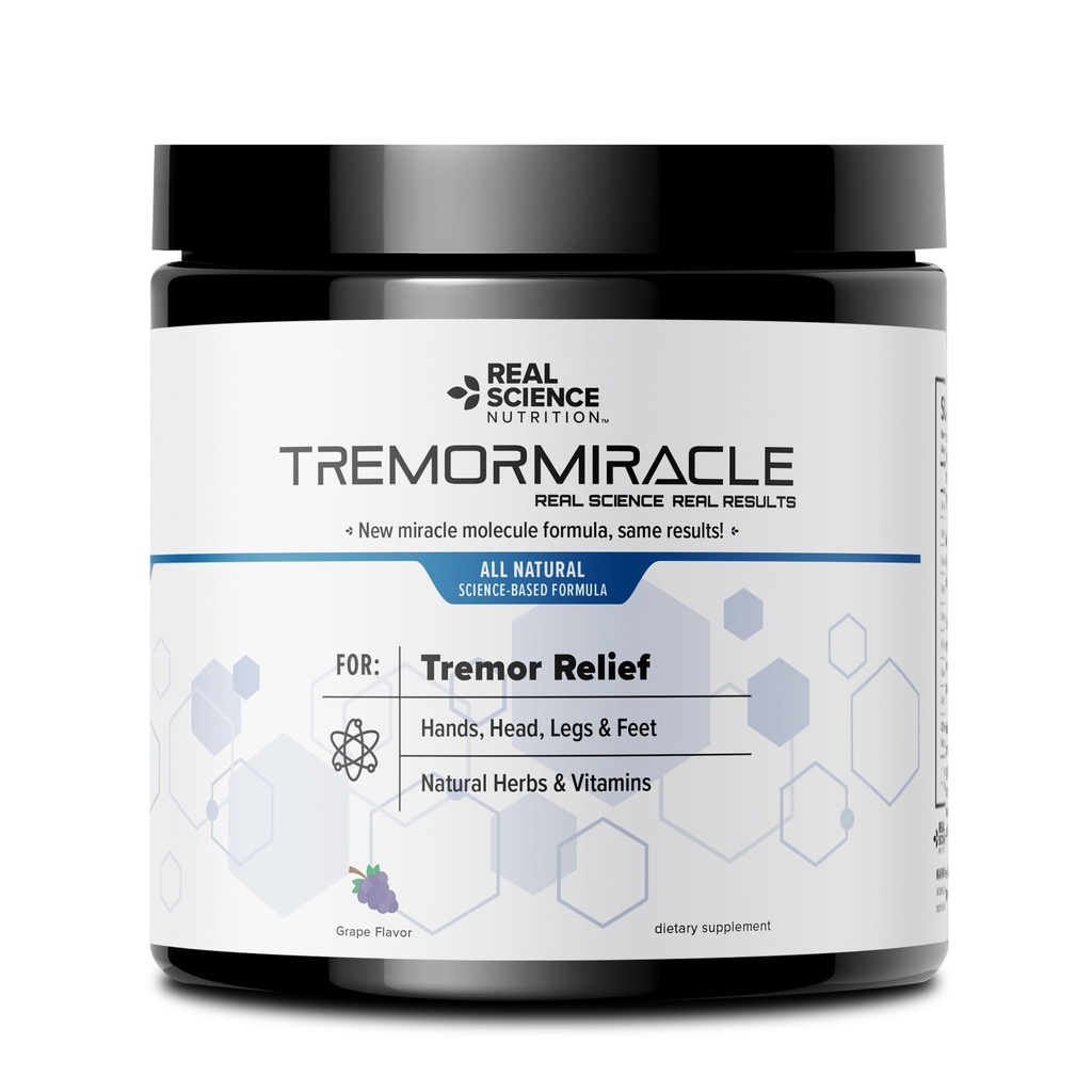 Real Science Nutrition Tremor Miracle - Essential Tremor Herbal Supplement Powder for Hands, Legs, Feet, Head Tremors (13.4 Oz, Grape Flavor)