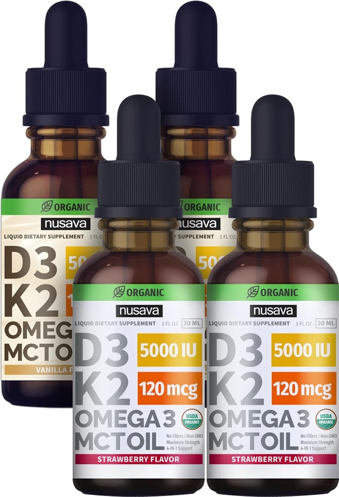 NUSAVA Strawberry Flavored D3 K2 Liquid Drops en Vanille Flavored D3 K2 Liquid Drops Bundle - Krachtige Liquid Vitaminen voor hart, gewrichts, bot, spier, & Immuun Ondersteuning - Non-GMO, Glutenvrije, 2pk Elke