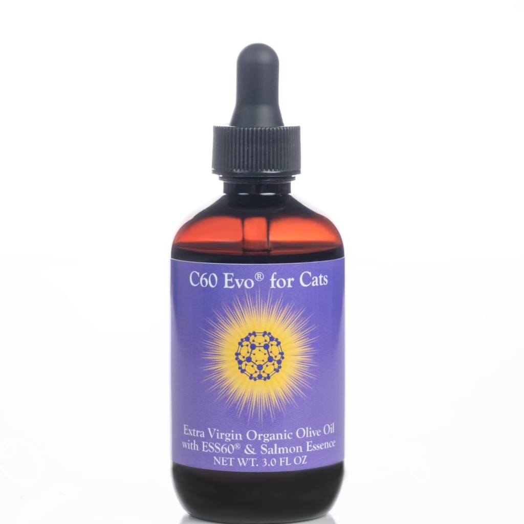 ESS60 Olive Oil for Cats - Organic Extra Virgin Olive Oil, Pure C60 ESS60 (.8 mg/mL) & Natural Salmon Essence to Support Your Cats’ Flexibility, Energy, Immunity, Longevity - 3 oz