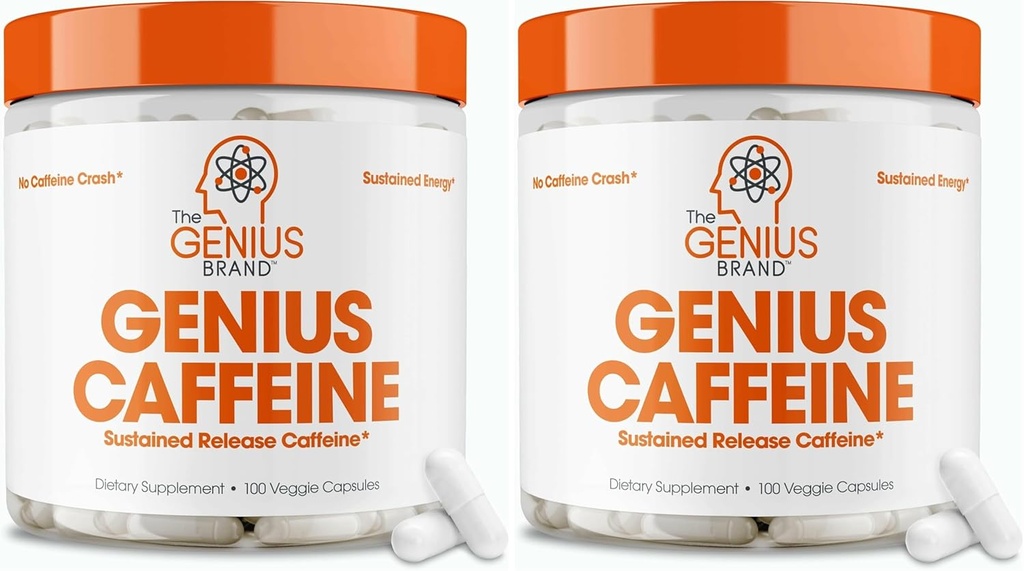 Genius Cafeine Pillen 100mg, Extended-Release Microencapsulated Cafeine Pillen - All-Natural Non-Crash Sustained Energy, Focus & Concentration Supplement - Nootrope Brain Booster - 100 Capsules
