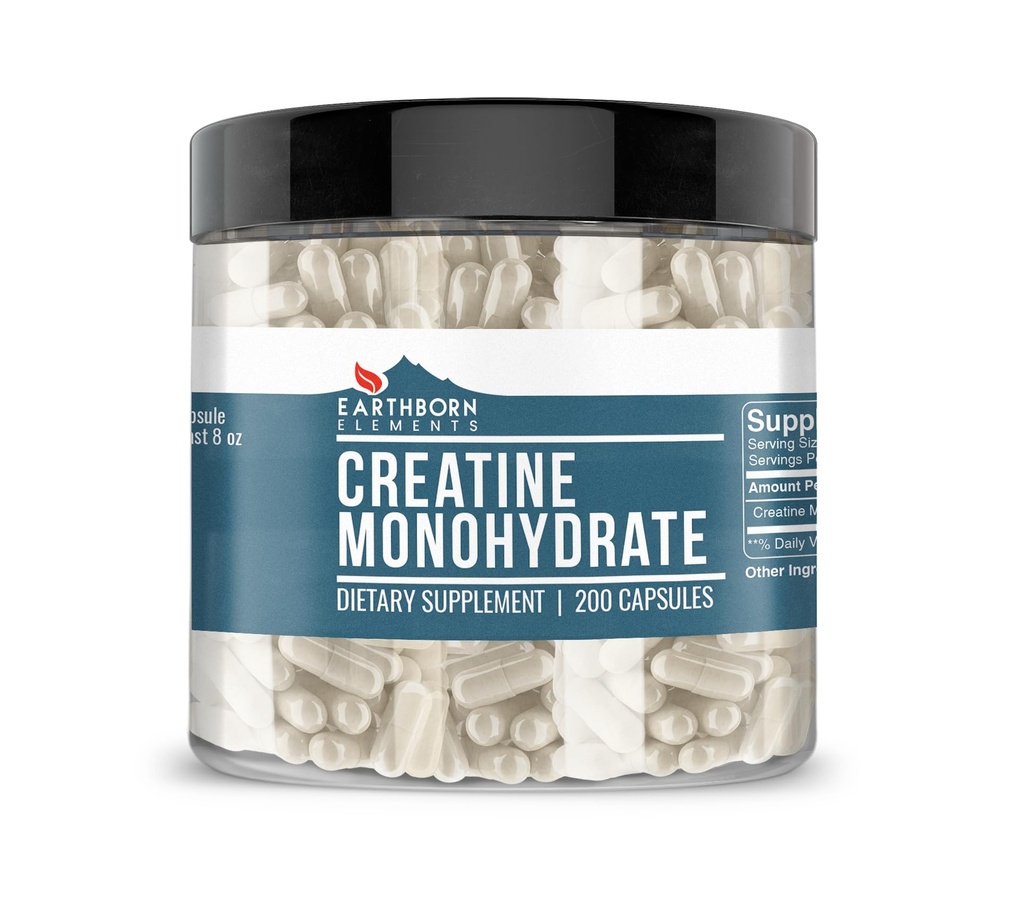 Earthborn Elements Creatine Monohydraat 200 Capsules, Pure & Onverdund, Geen Additieven