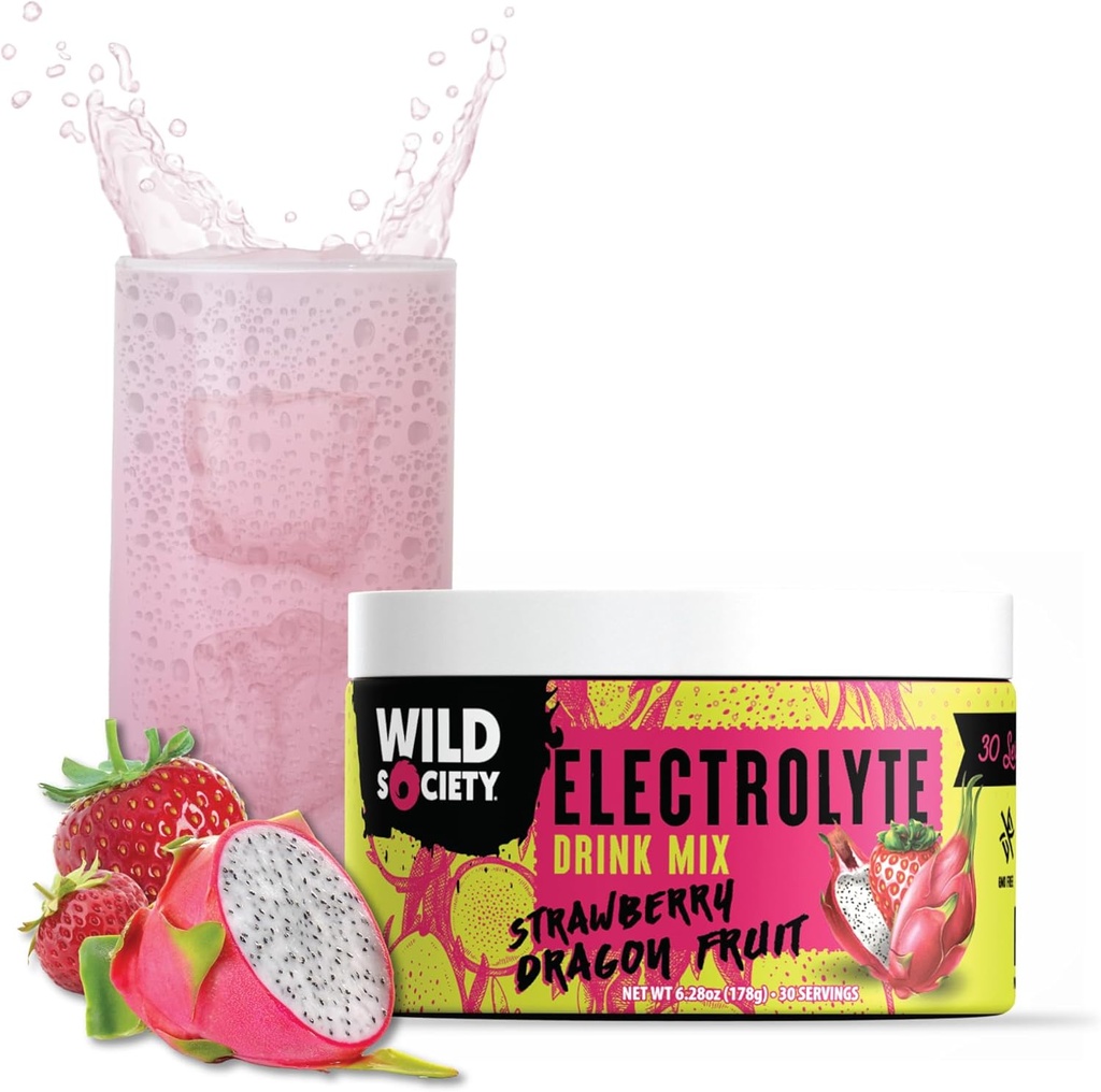 Wild Society - Premium Zero Sugar Electrolytes Powder Drink Mix, 3x Absorptie Magnesium Glycinate - Suikervrij, Lage Calorie, Wetenschap ondersteund, Verfrissende Hydratatie, Aardbei Dragon Fruit, 30 porties