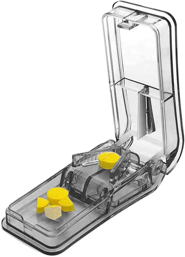 Pillensnijder voor kleine of grote pillen. De beste Multiple Pill Splitter ooit! Ontwerp in de VS. Verdubbelt als een pilsdoos. Niet geschikt voor kleine pillen. Sleutelhanger pil houder als een Bonus. (Grijs)