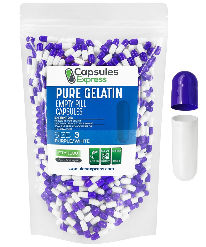XPRS Nutra Maat 3 Lege capsules - 1000 Telle Lege Gelatine Capsules - Pillen DIY Capsule vullen - Pure Bovine Pill Gel Caps Vulbaar voor Do-It-Yourself Vitaminen en Supplementen (Paars/Wit)