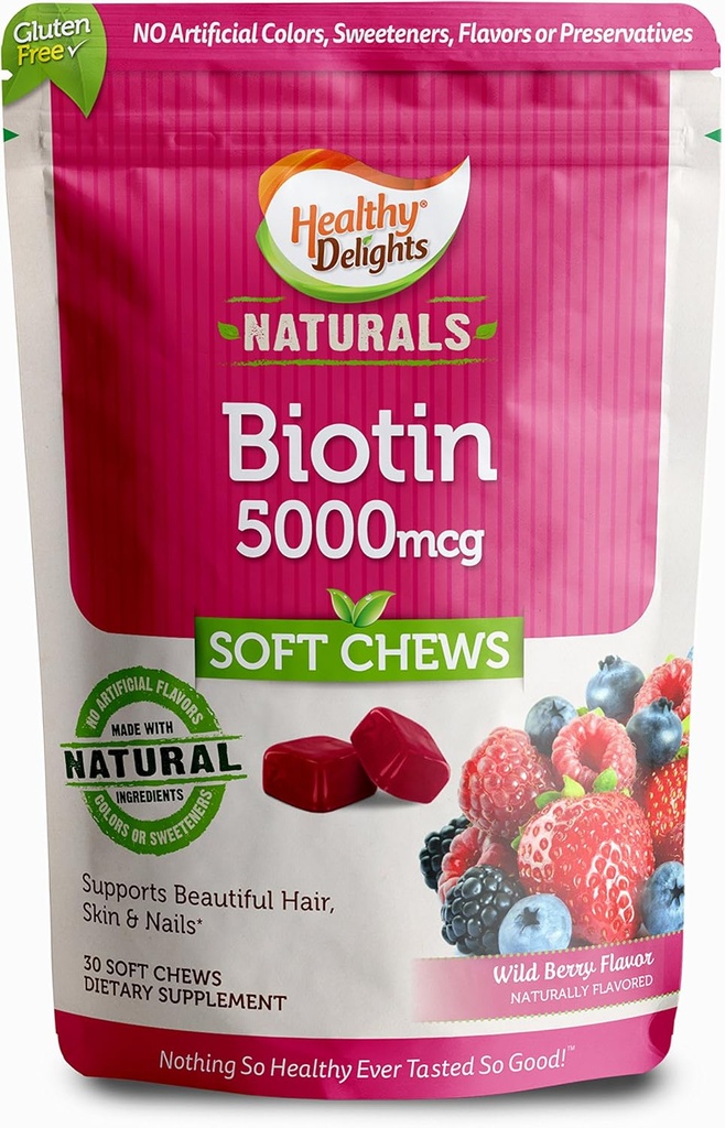 Gezonde Delights Naturals, Biotin Zachte Kauwen, Ondersteunt Lustrous Haar, Glowing Skin & Strong Nails, Delicious Wild Berry Flavor, 30 Tellen