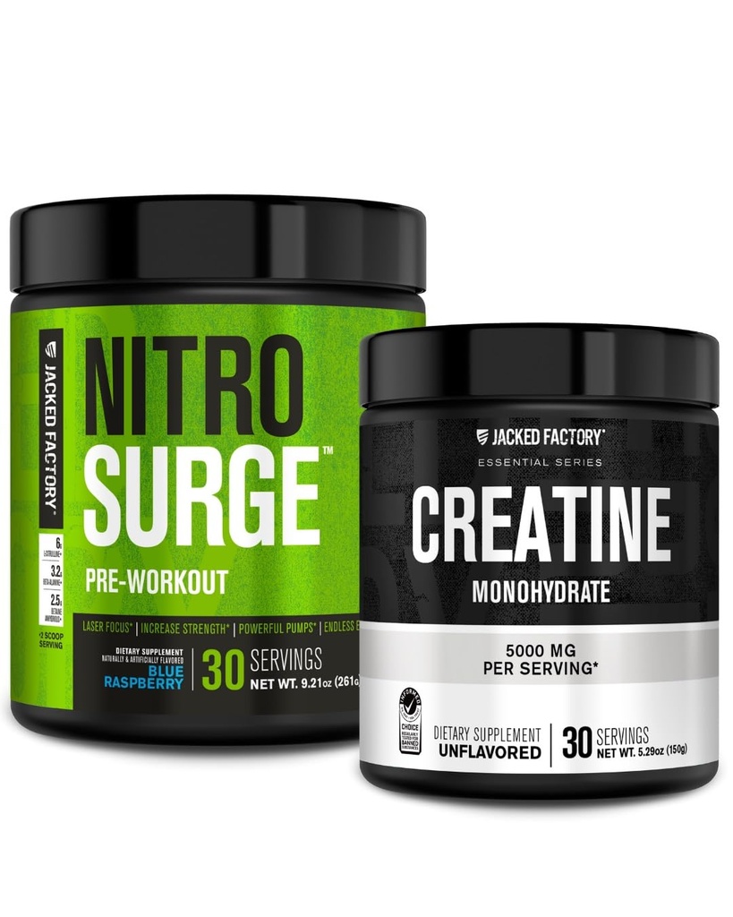 Ge Jacked Factory NITROSURGE Pre Workout Supplement (Blue Raspberry) Createine Monohydraat poeder 150g voor spiergroei, verhoogde kracht, verbeterde energie