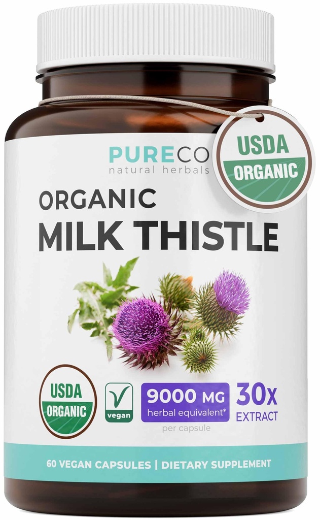 USDA Organic Milk Thistle Capsules - 80% Silymarin Supplement for Liver Support- Super Concentrated 300mg of 30:1 Milk Thistle Extract Equivalent aan 9000mg - Milk Thistle Liver Detox 60 Day Supply