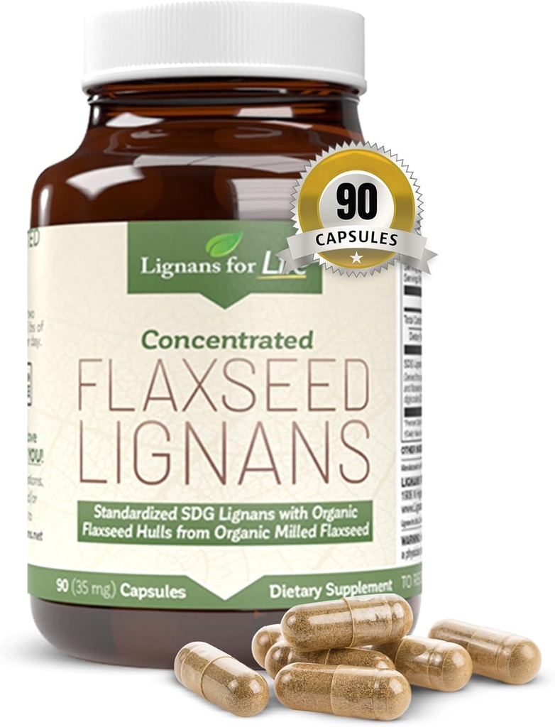 Lignans for Life Flaxseed Lignans for Dogs & People + SDG - Omega 3 Fatty Acids, High Fiber Antioxidants - Improve Shiny Coat, Digestive & Heart Health for Dogs, 35mg, 90 Flaxseed Capsules, 1 Pack