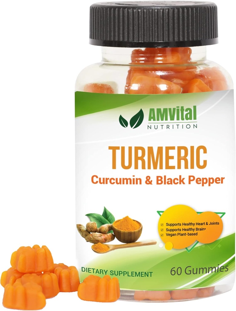 AMVital Kurkuma Gummies Curcumin met zwarte peper - Gezamenlijke ondersteuning Gummies voor volwassenen - 60 Tellen