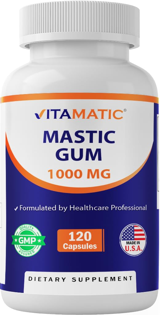 Vitamatic Mastic Gum 1000mg per portie - Ondersteuning Digestieve functie, Gastro-intestinale gezondheid, Immune en Orale Wellness, 120 Capsules