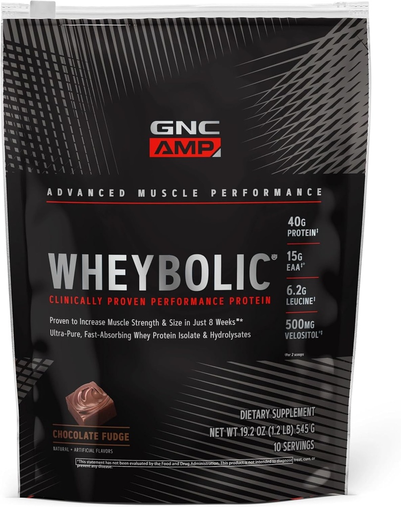 GNC AMP Wheybolic Klinisch Proven Proteïne Poeder, 40g Wei Proteïne, BCAA, Leucine, verhoogt spierkracht, spieropbouw, 3rd Party Tested, Chocolate Fudge, Glutenvrij, 10 porties