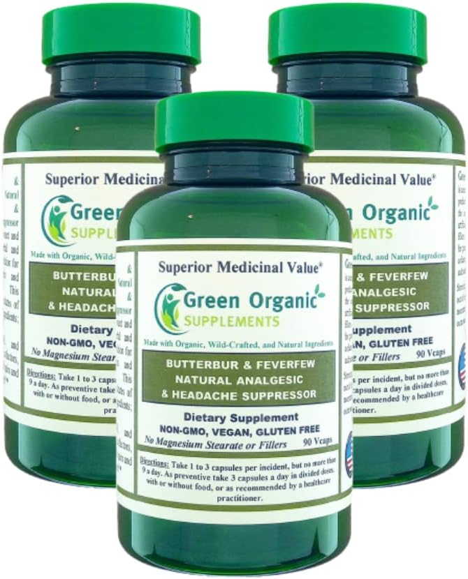 Green Organic Supplements Butterbur, Feverfew, Analgetic, Painkiller, & Heather Suppressor, 90 VCaps, High Absorbable, Non-GMO, Glutenvrije (pakket van 3)