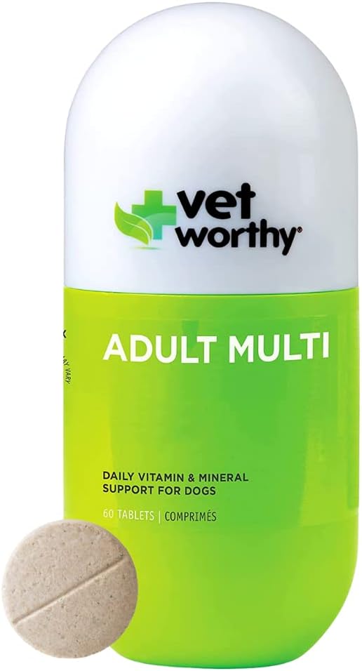 Vet Worthy Adult Multi Vitamins - Multivitamin for Dogs to Support Optimum Health and Overall Wellness - Dog Supplement with Iron, Magnesium, Zinc, Vitamin A, B Vitamins - Liver Flavor, 60 Tablets