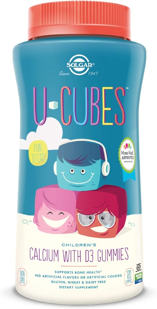 Solgar U-Cubes Calcium voor kinderen met vitamine D3, 120 Gummies - aardbeiensmaak - Ondersteunt bot- en tandengezondheid - Glutenvrije non-GMO-melkvrij - 60 porties