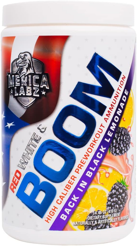 'Merica Labz Red, White, and Boom, High Caliber Pre Workout met VasoDrive-AP®, 350mg Cafeïne, Max Energy, Pomp en Focus, Verhoogde Bloedstroom en spiervolume, 20 Servers (Terug in Black Limonade)