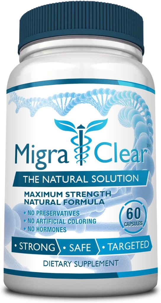 Alle Natuurlijke Migraine Ondersteuning - Magnesium, Ginkgo Biloba, Gember, Witte Wilg, Koorts - 60 Capsules - 1 Fles