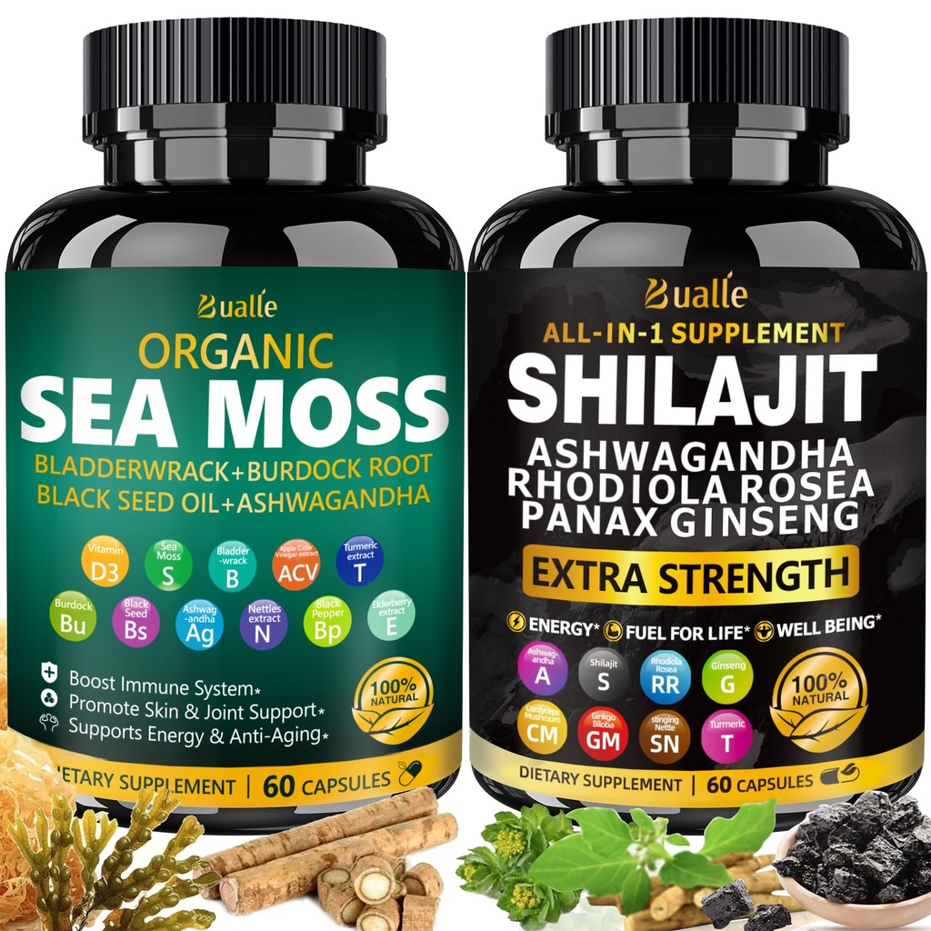 Bualle Sea Moss and Shilajit Bundle-Sea Moss 300mg, Black Seed Oil 100mg,Ashwagandha 50mg,Ginger & Shilajit 300mg,Rhodiola Rosea 100mg,Panax Ginseng 50mg,Alle in 1 Supplementen-USA Made(2 Pack)