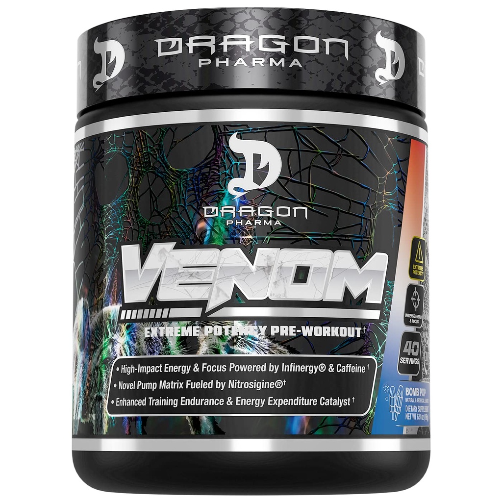 DRAGON PHARMA Venom Extreme Potency Pre-Workout, Laser Sharp Focus + Energy, Intense Performance, Bewezen Ingrediënten voor Verbeterde Vasodilatatie & Endurance (40 Servers, Bomb Pop)