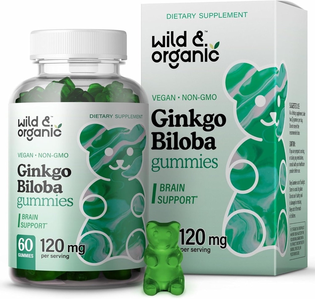Wild & Organic Gingko Biloba 120mg Gummies - Hersensupport and Focus Supplement w/Ginkgo Biloba Extract - Vegan, Non-GMO - 60 Pectin-Based Herbal Chewables