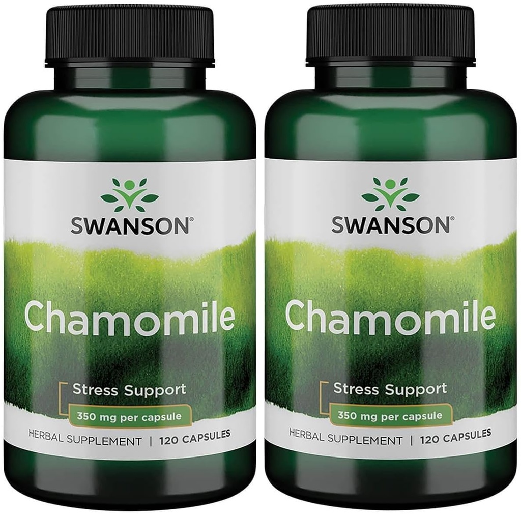 Swanson kamille Stress Support - Gemaakt met Duitse kamillebloem - kruidensupplement om stress, ontspanning en slaapondersteuning te bevorderen - helpt gemakkelijk lichaam en geest - (120 capsules), 2 Pack