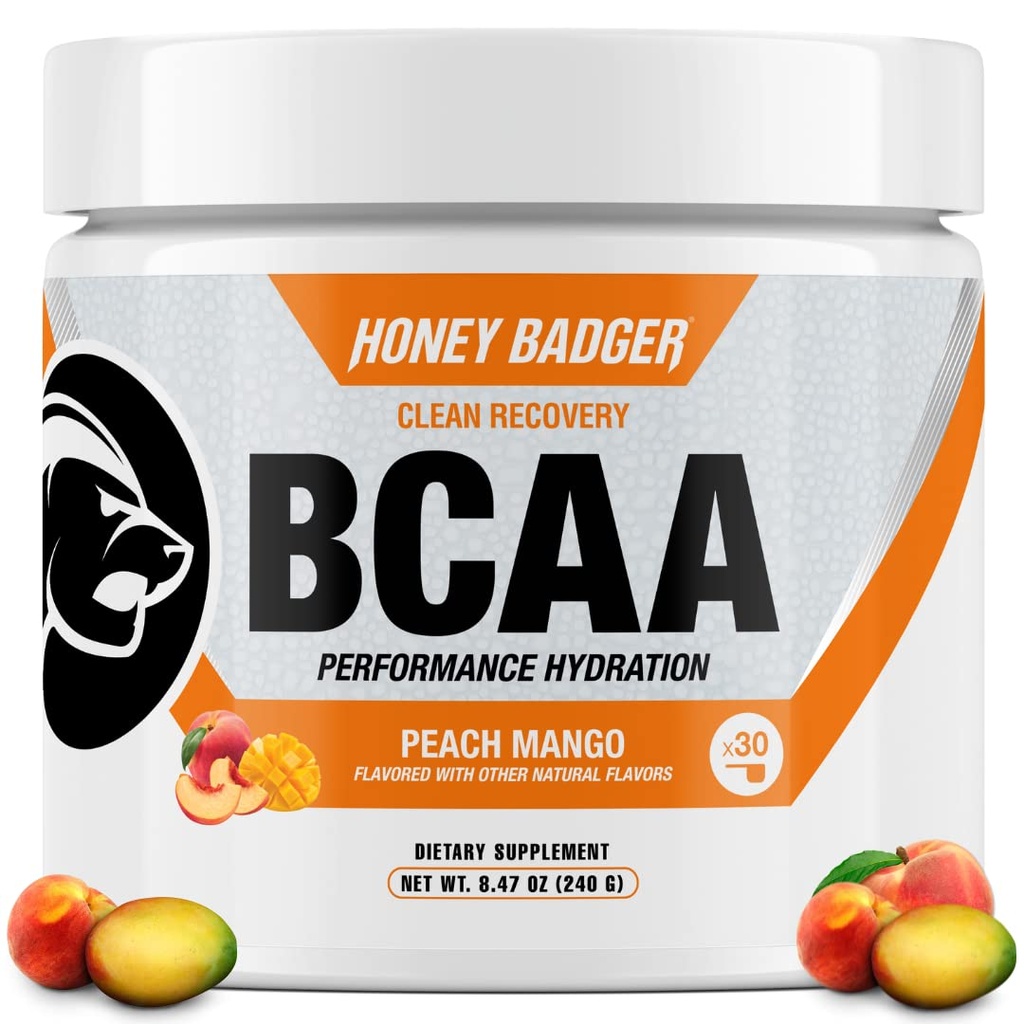 Honey Badger BCAA + EAA Aminozuren Poeder, BCAA's + L-Glutamine, Keto, Vegan, Suikervrij voor mannen & vrouwen, Hydratatie & Post Workout Muscle Recovery Drink Mix, Peach Mango, 30 Servers