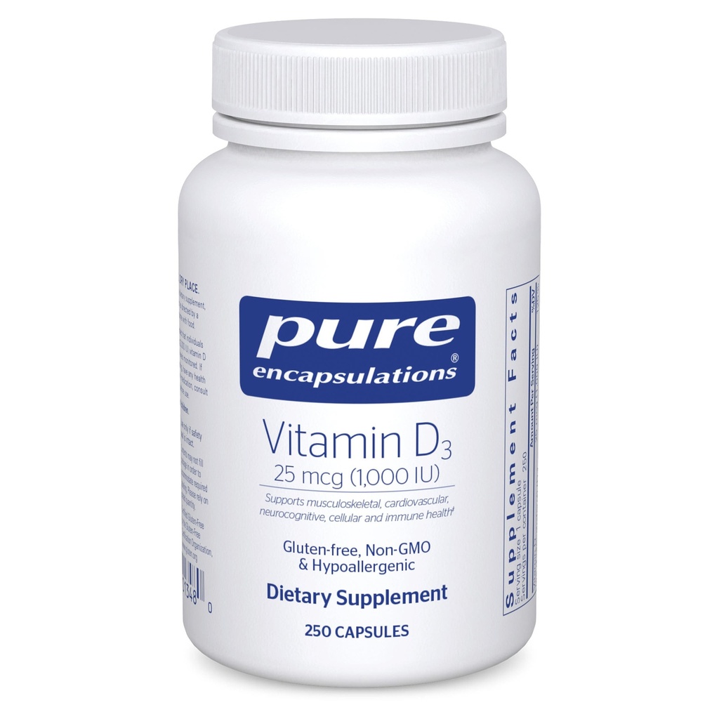 Pure Encapsulations Vitamine D3 25 mcg (1.000 IE) - Supplement ter ondersteuning van bot, gewrichts-, borst-, hart-, colon- en immuungezondheid - met Premium Vitamine D - 250 capsules