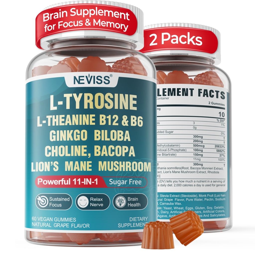 11-IN-1 Hersensupplement voor geheugen en focus met L-tyrosine L-theanine, methylated B12 & B6, Lion's Mane Mushroom, Ginkgo Biloba, Bacopa Monnieri, Choline for Focus, Nootropic, Energy, 2Packs
