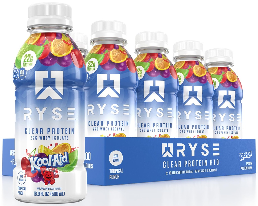 RYSE Clear Proteine Drink - Kool-Aid Tropical Punch - 100 Calorieën, 22g Wei Isolaat Proteïne Shake, Sugar-Free, 0g Vet & Lactose-Free - Verfrissende Ready-to-Drink Drank Drank - 16,9 floz Flessen (12-Pack)