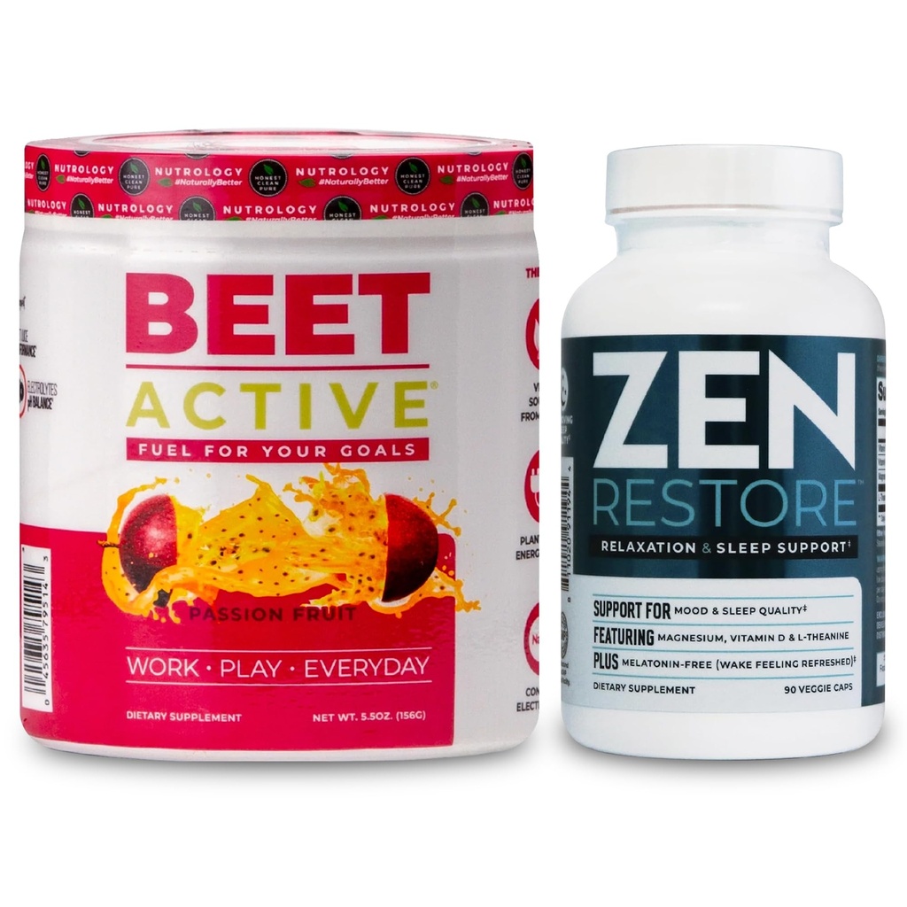 Nutrologie Beet Actief, natuurlijke pre-workout poeder, passie fruit smaak (30 porties) Zen Natural Magnesium Supplement (30 porties)