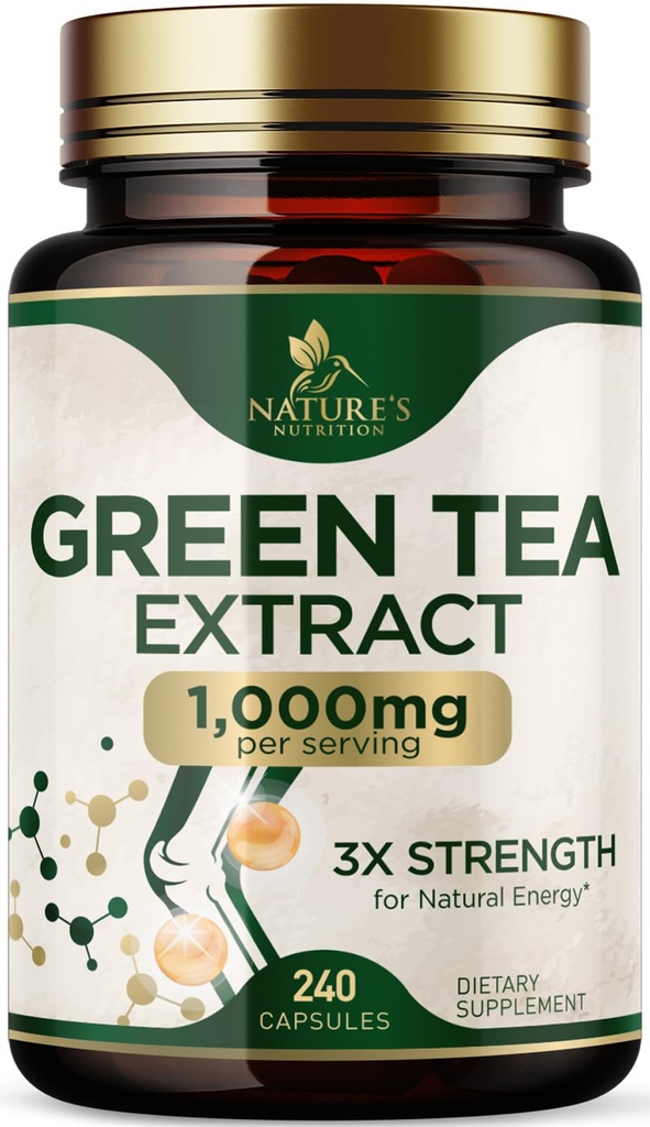 Green Tea Extract Capsules 1000 mg - Gestandaardiseerde 45% EGCG & 98% Polyfenolen - 3X Sterkte Groene theepillen voor natuurlijke energie - Ondersteunt de gezondheid van het hart, kruidensupplement, Vegan, niet-GMO - 240 capsules