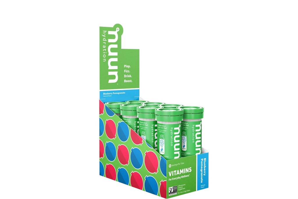 Nuun Vitaminen Elektrolyt Tablets met Vitamine D, C, E, A, & B6, Foliumzuur, Magnesium & 4 Andere essentiële Elektrolyten, Glutenvrij & Veganistisch, Blueberry Granaatappel, 8 Pack (96 Servings Totaal)