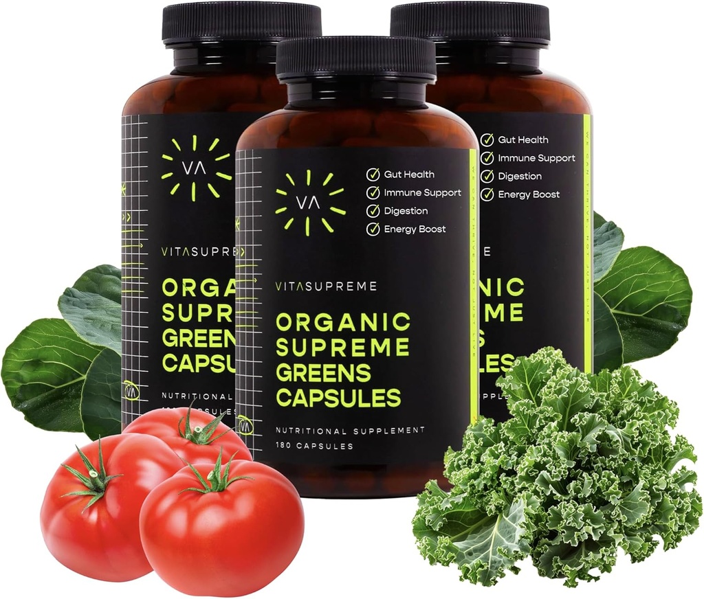 Vita Supreme Organic Super Greens Superfood Capsule, Voedingssupplement voor Gut Health, Immune Support, Digestie, Energie, en meer (Non-GMO, Keto, Vegan) 180 Capsules, 3 Pack