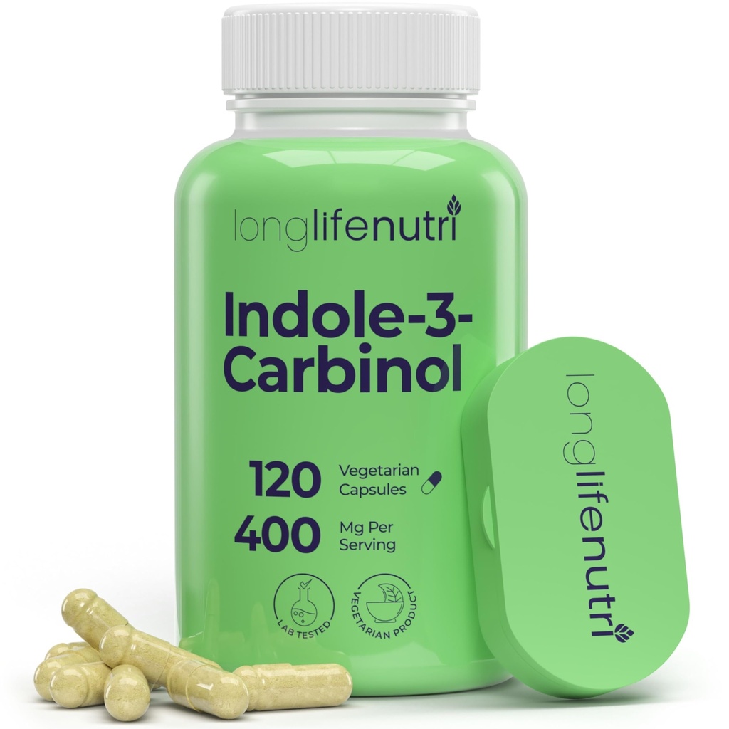 LongLifeNutri Indole-3-Carbinol 400mg - 120 Vegeterian Capsules, 4-Month Supply, Organic Supplement for Hormone Balance & Cellular Health, Lab Tested, Made in USA