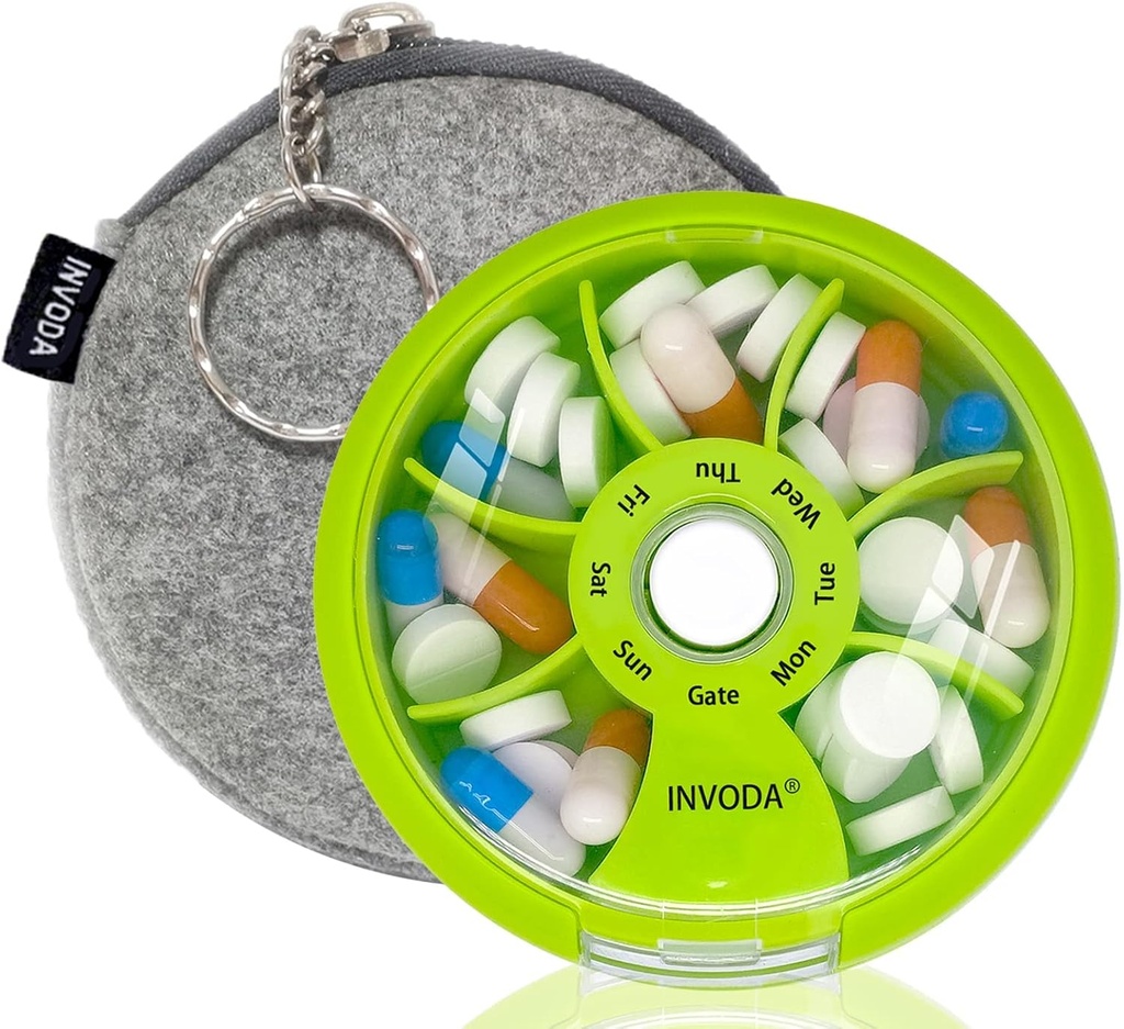 INFODA Weekly pil Organizer 7 Compartiment Rotating Pill Box voor dagelijkse medicatie & vitamines - Portable Travel Pill Case Visolie Supplementen Vitaminen Organisator (Green+Bag)