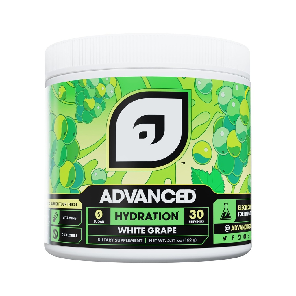 Geavanceerde Hydration High-Performance Electrolyte Drink Mix met B Vitaminen voor dag- en daghydratatie - Cafeïnevrij, Zero Calorieën, Suikervrij, & Keto Friendly - (30 Servers, Witte Druiven)