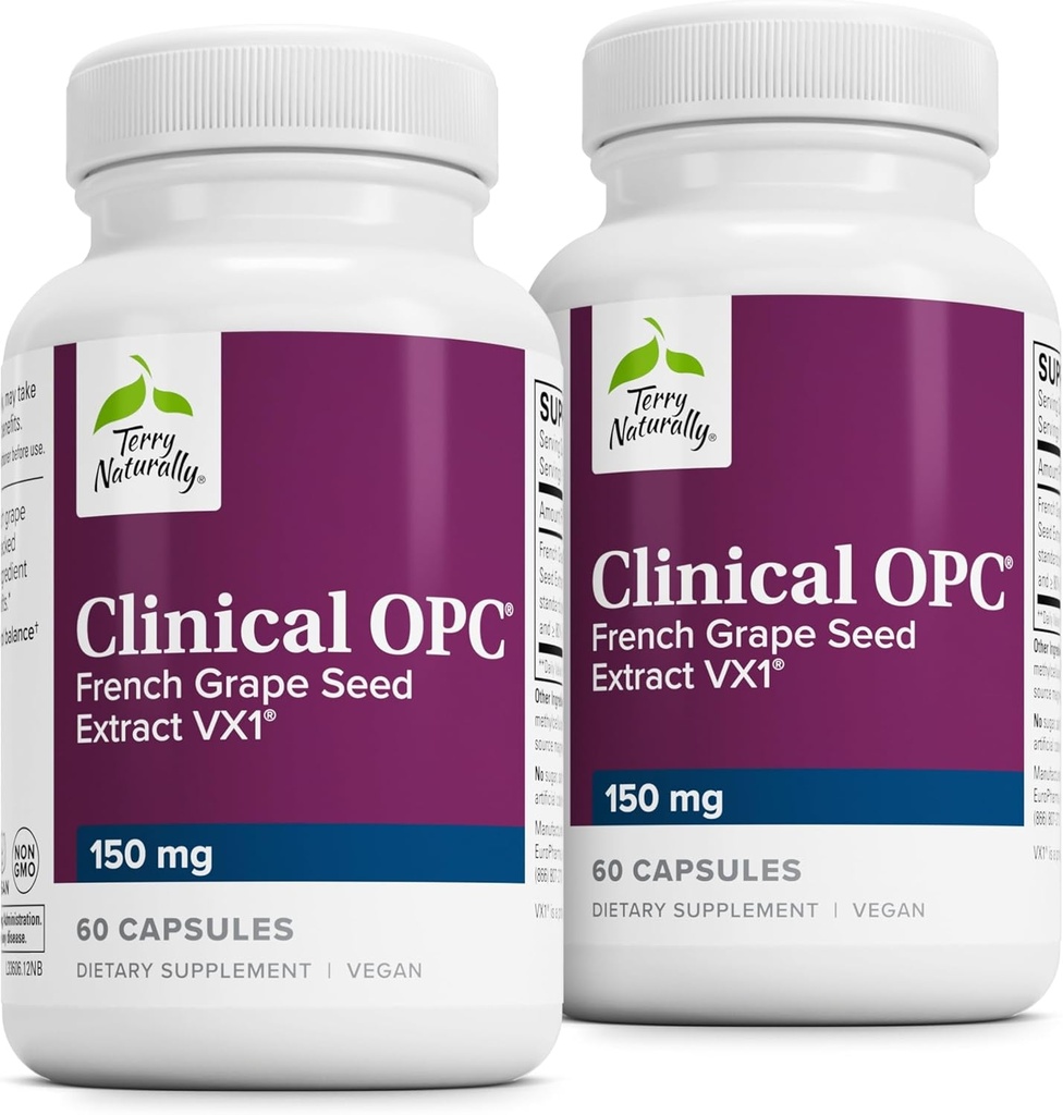 Terry natuurlijk klinisch OPC - Cardiovasculaire gezondheid & Focus Support Supplement - Dieetsupplement met druivenzaadextract & Zonnebloemlecitijn - Immuunondersteuning - 150 mg, 60 Softgels (pakket van 2)