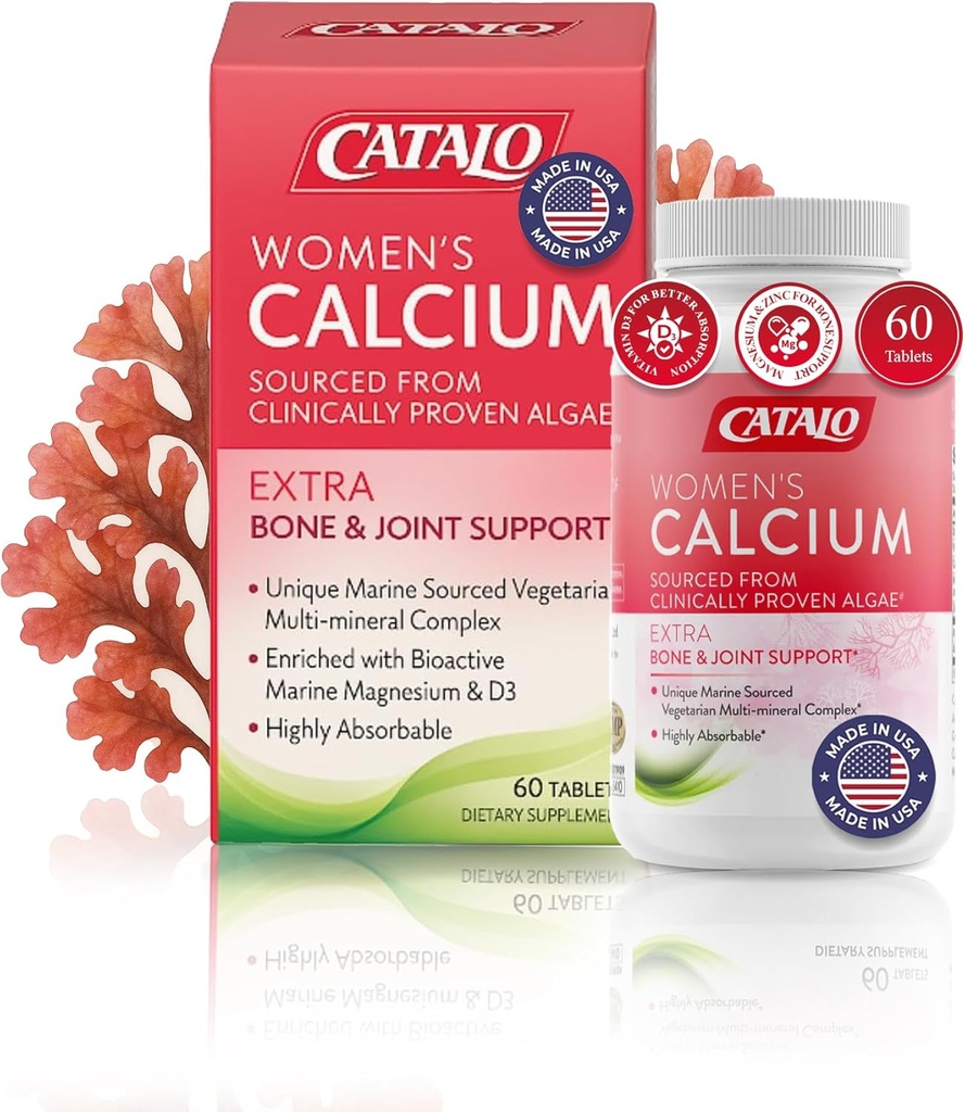CATALO Women's Calcium with AquaminTM Red Algen - Plant-Based Marine Calcium Supplement met Vitamine D3, Magnesium & Zink - Hoge Absorptie Formule - 60 Tablets